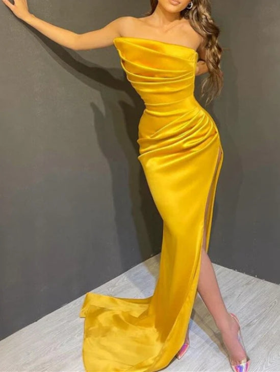 Elegant Yellow Strapless Sleeveless Mermaid Prom Dress with Split On Sale